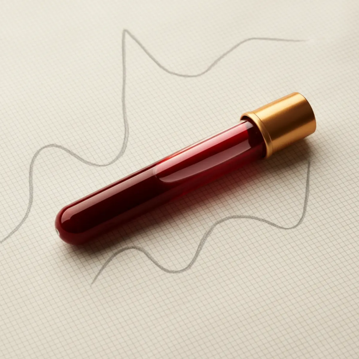 Anticuerpos IgG anti-Spike SARS-CoV-2 cuantitativos: tubo de extracción con tapa cobre dorado acostado sobre papel milimetrado con curvas trazadas a lápiz.