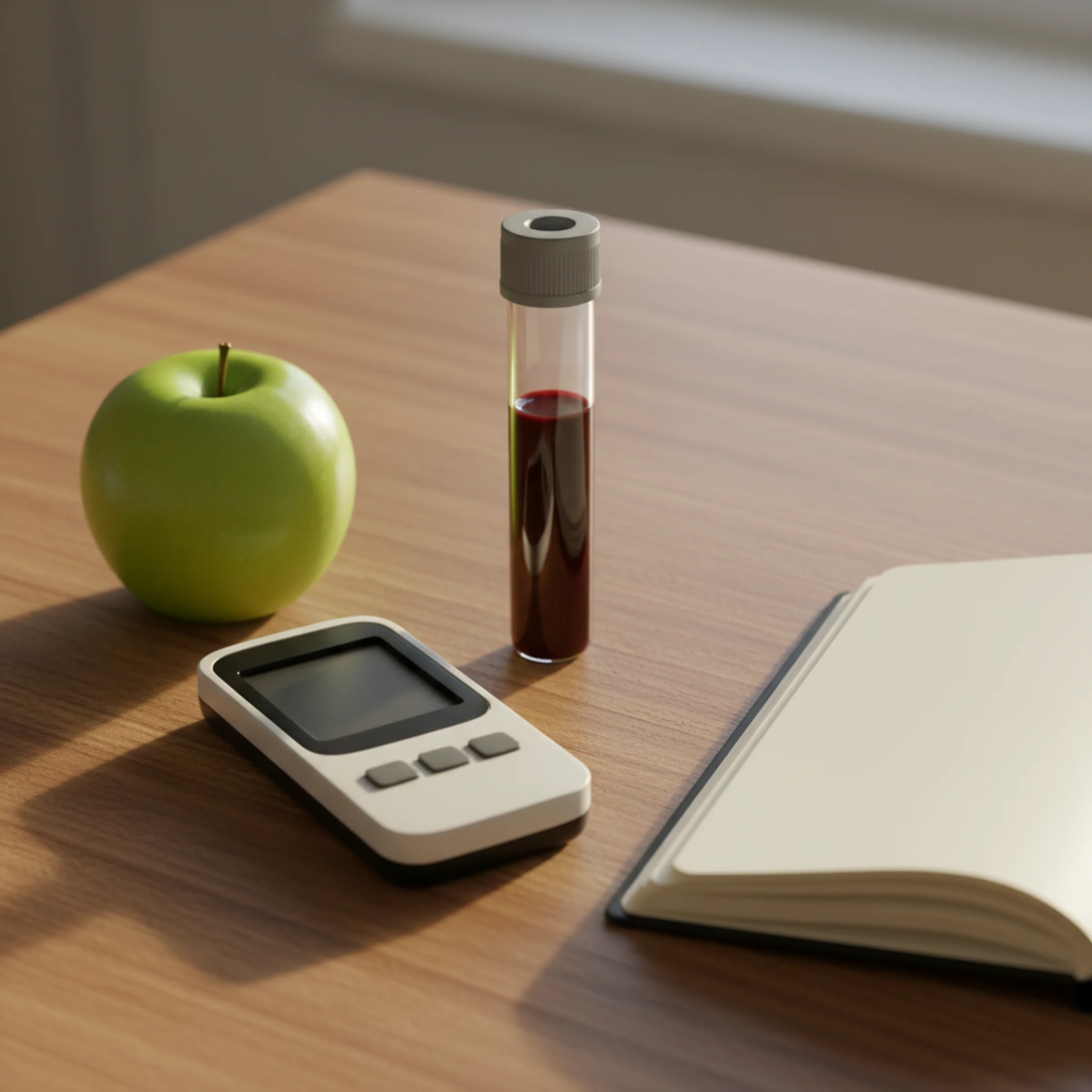 Chequeo para control de diabetes, Opción 5: glucómetro digital sobre madera junto a tubo de extracción con tapa gris, manzana verde y cuaderno abierto.