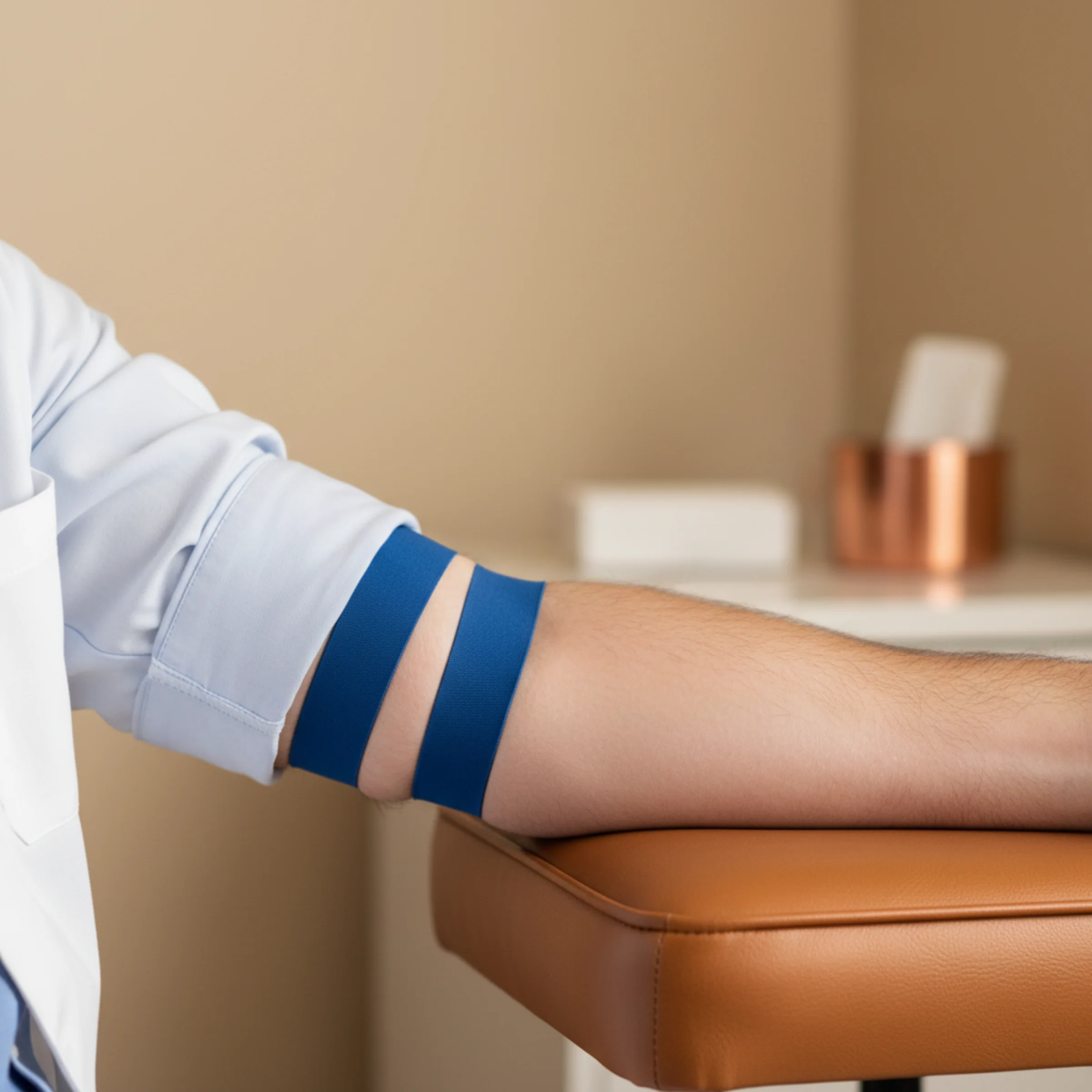 Chequeo para hombres mayores de 50 con PSA, Opción 4: brazo masculino con manga de camisa celeste arremangada y torniquete azul cobalto sobre apoyabrazo de cuero caramelo.