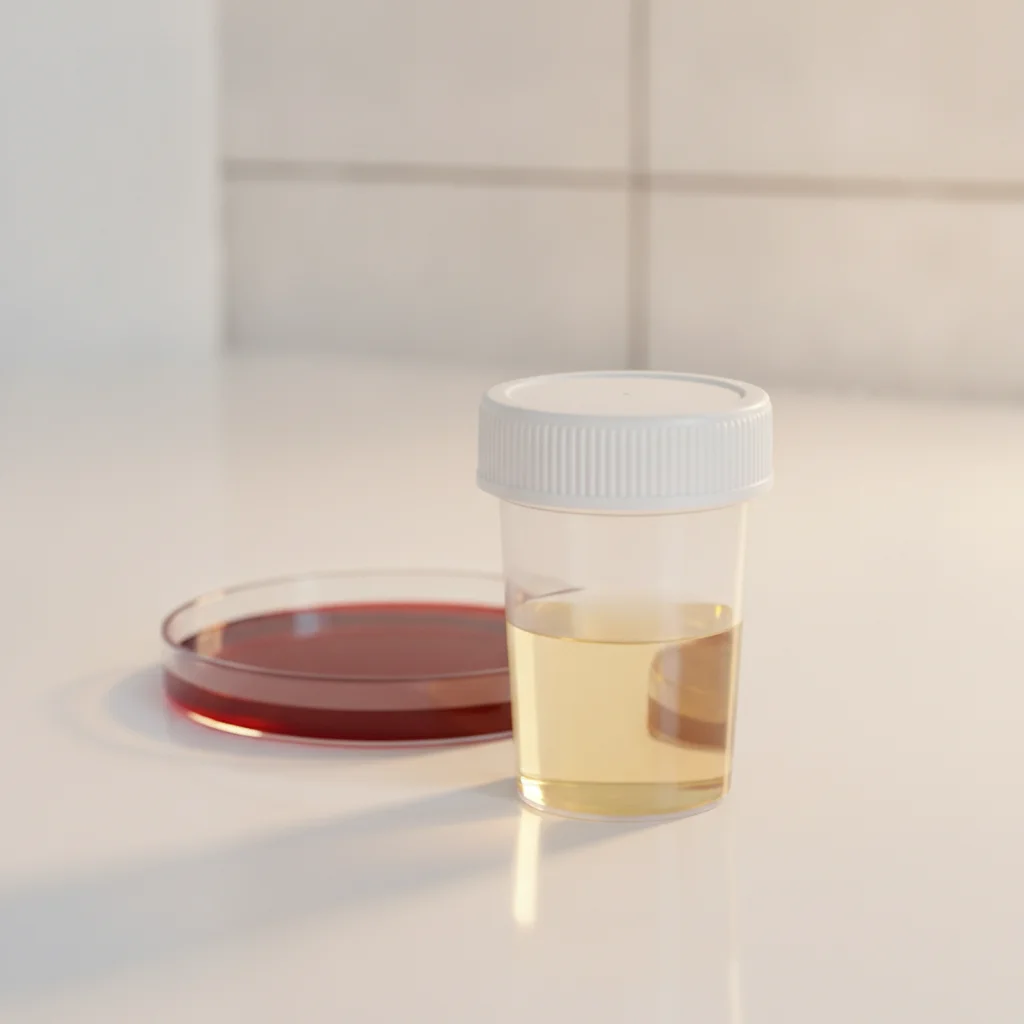 Cultivo de clamidia, micoplasma y ureaplasma (hombre, orina): frasco estéril de orina con placa de agar sangre rojizo detrás, luz ámbar cálida.