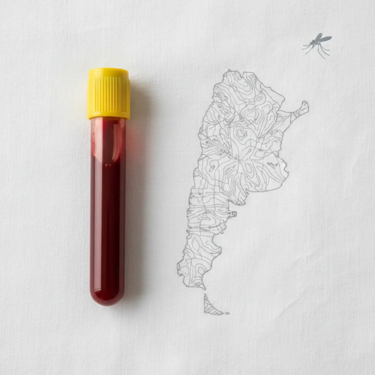 Dengue antígeno NS1 con anticuerpos IgM e IgG: tubo de extracción con tapa amarilla sobre fondo blanco con silueta tenue del Río de la Plata y mosquito al margen.