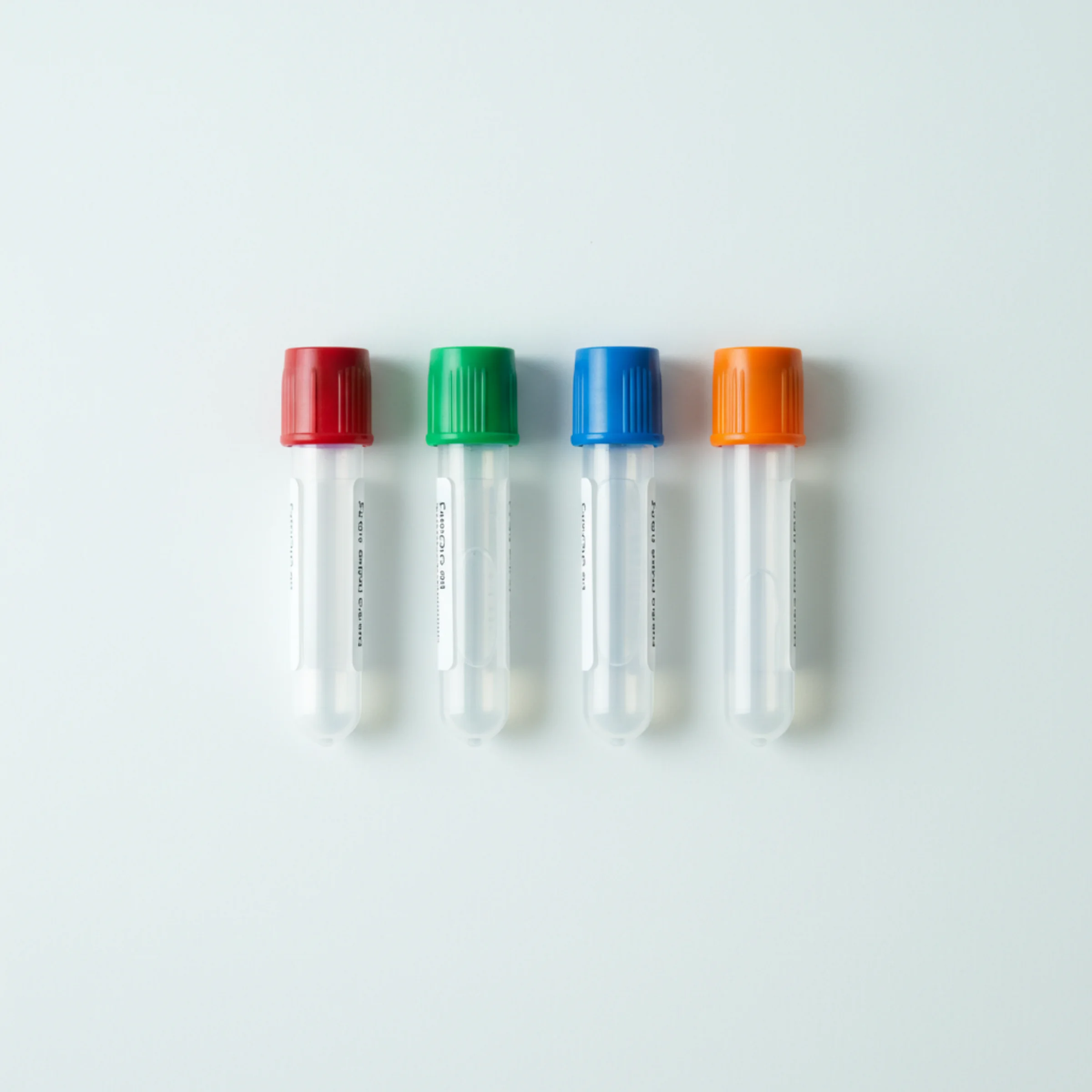 Dengue, genotipificación de serotipos DEN-1, 2, 3 y 4: cuatro microtubos eppendorf con tapas roja, verde, azul y naranja en hilera, fondo blanco frío.