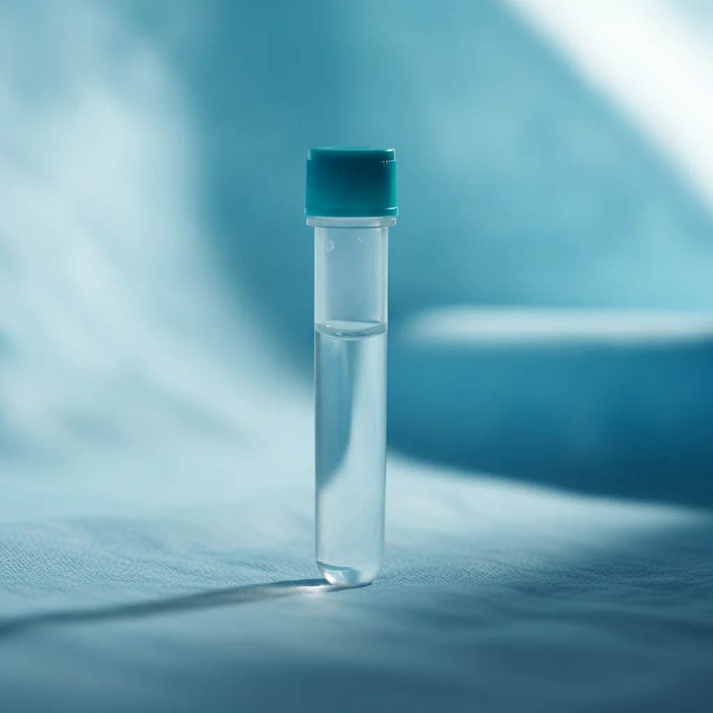 Hisopado COVID-19 por RT-PCR: tubo de transporte estéril con tapa turquesa sobre paño azul de laboratorio.