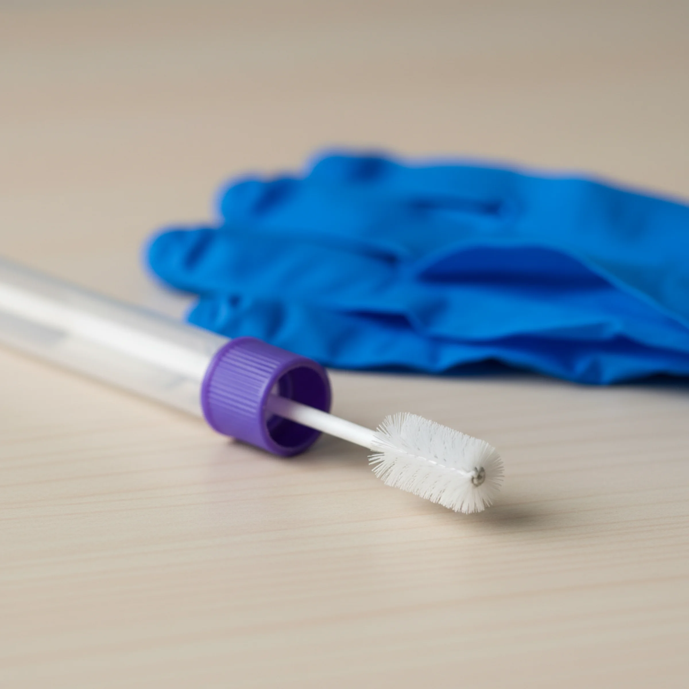 HPV por PCR con genotipificación 16, 18 y otros: citobrush cervical con cerdas blancas junto a tubo de transporte de tapa violeta sobre madera clara.