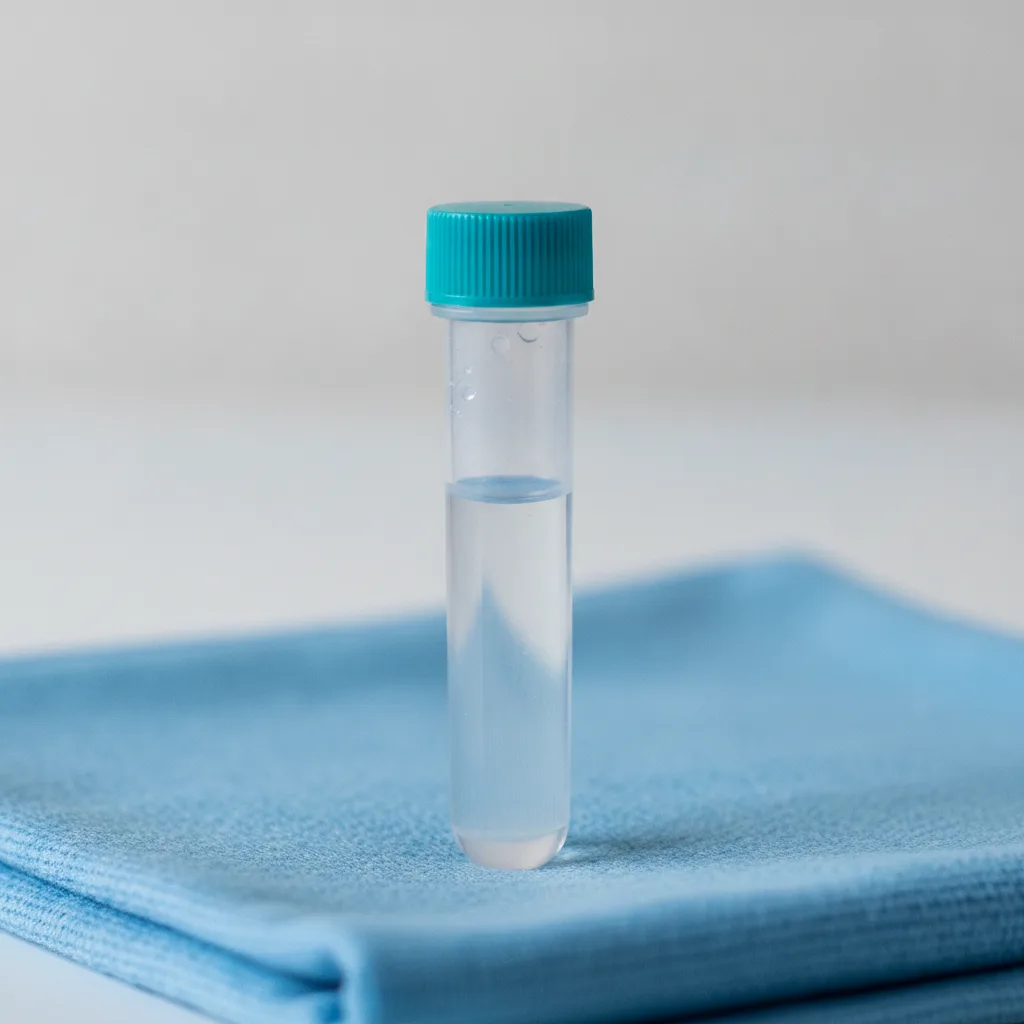 Influenza A subtipos H3N2 y H1N1 por PCR: tubo de transporte estéril con tapa turquesa sobre paño azul de laboratorio.