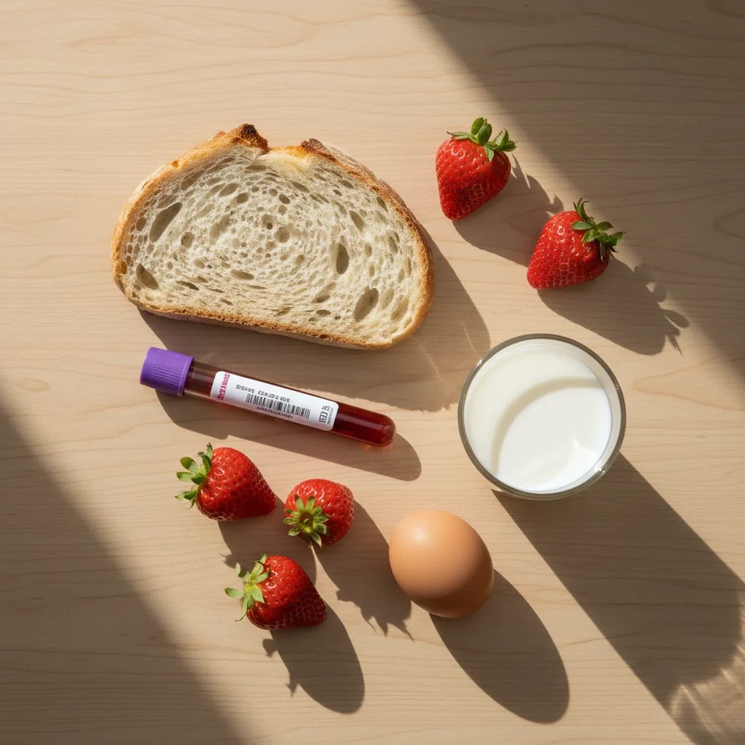 Panel 1 de intolerancia alimentaria IgG: tubo de extracción de sangre junto a pan, leche, un huevo y frutillas, sobre mesa de madera clara.
