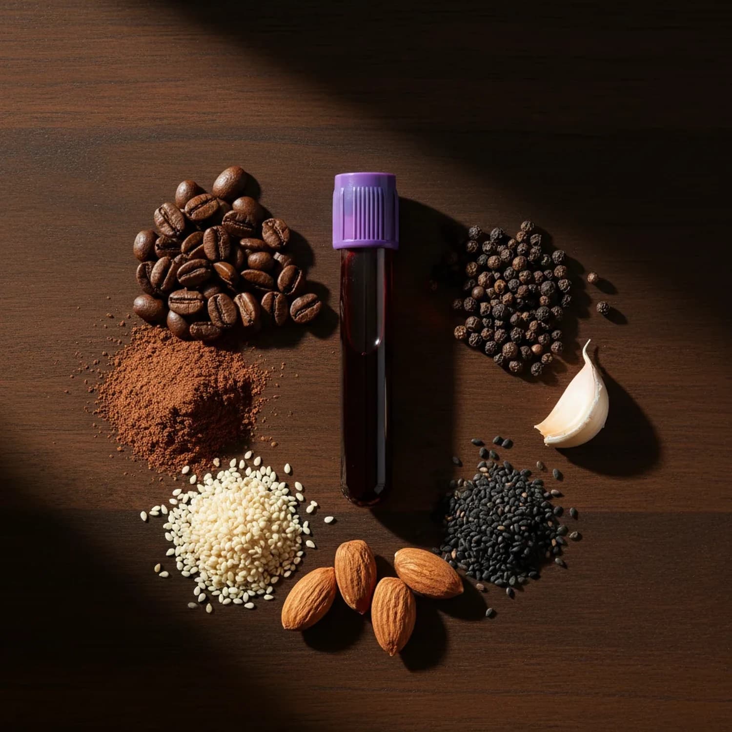 Panel 4 de intolerancia alimentaria IgG: tubo de extracción de sangre junto a café, cacao, sésamo, almendras, ajo y pimienta negra sobre madera oscura.