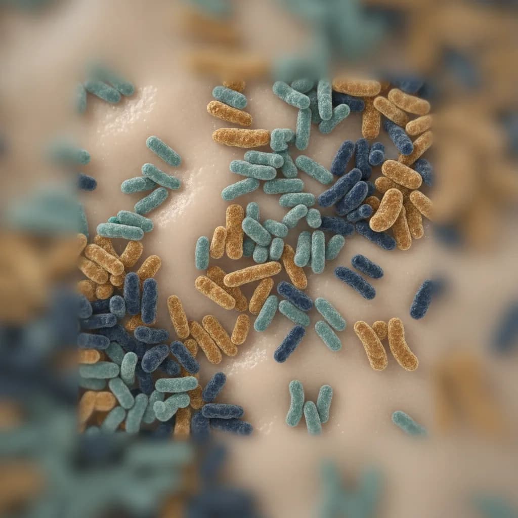 Microbioma intestinal por secuenciación 16S: comunidad de bacterias intestinales vista de cerca, bacilos en tonos verde azulado, azul y ámbar sobre fondo beige.