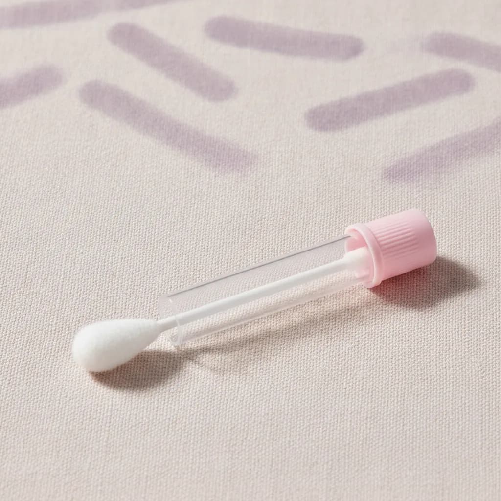 Microbioma vaginal por secuenciación 16S: hisopo estéril dentro de un tubo de transporte con tapa rosa sobre lino claro, con siluetas de lactobacilos al fondo.