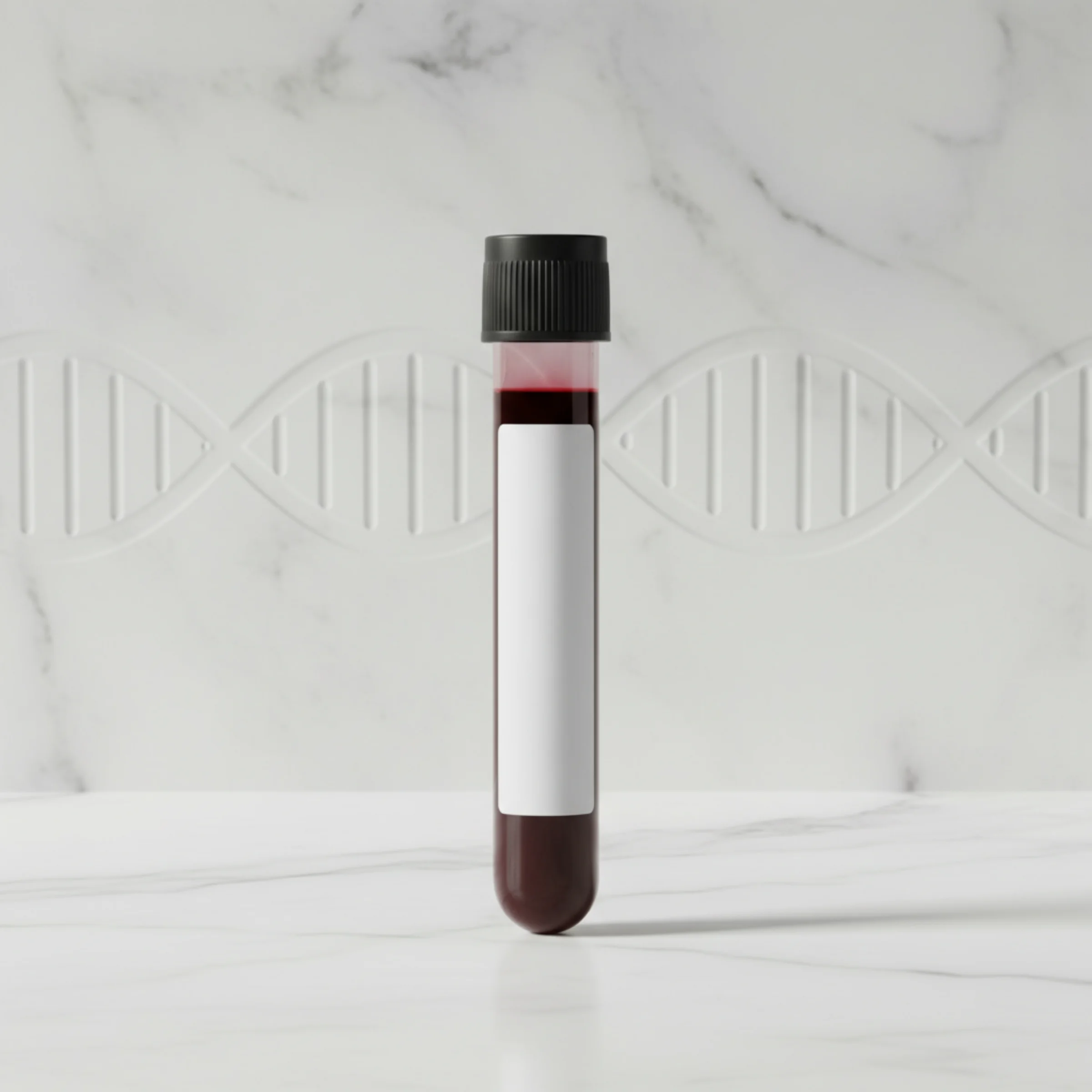 NIPT básico, test prenatal no invasivo: tubo de extracción con tapa negra sobre mármol blanco con relieve sutil de doble hélice de ADN al fondo.