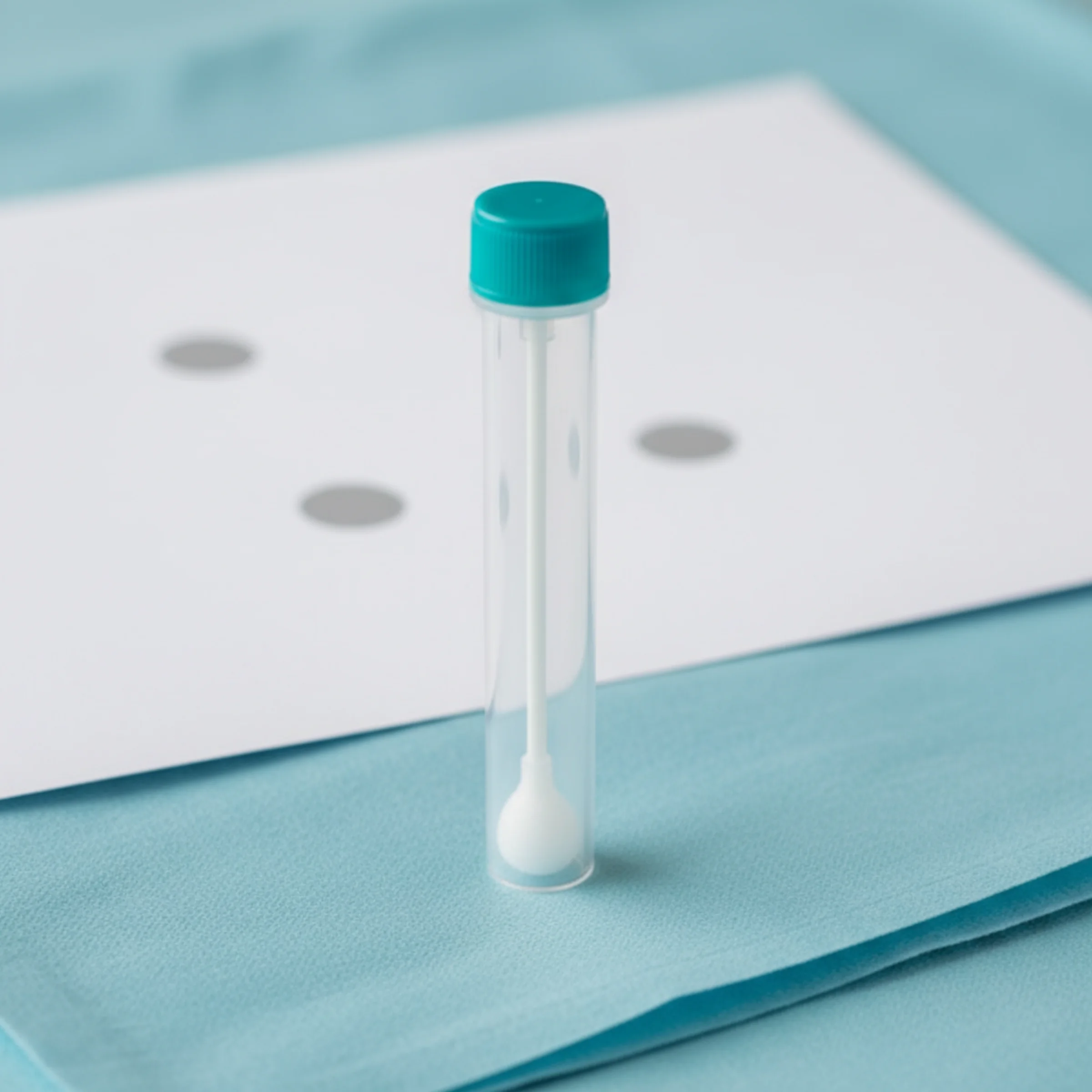 Panel virus respiratorios FLU A, FLU B, SARS-CoV-2 y VSR: kit de hisopado nasofaríngeo con tubo de transporte sobre paño azul y cuatro marcas tenues del panel.