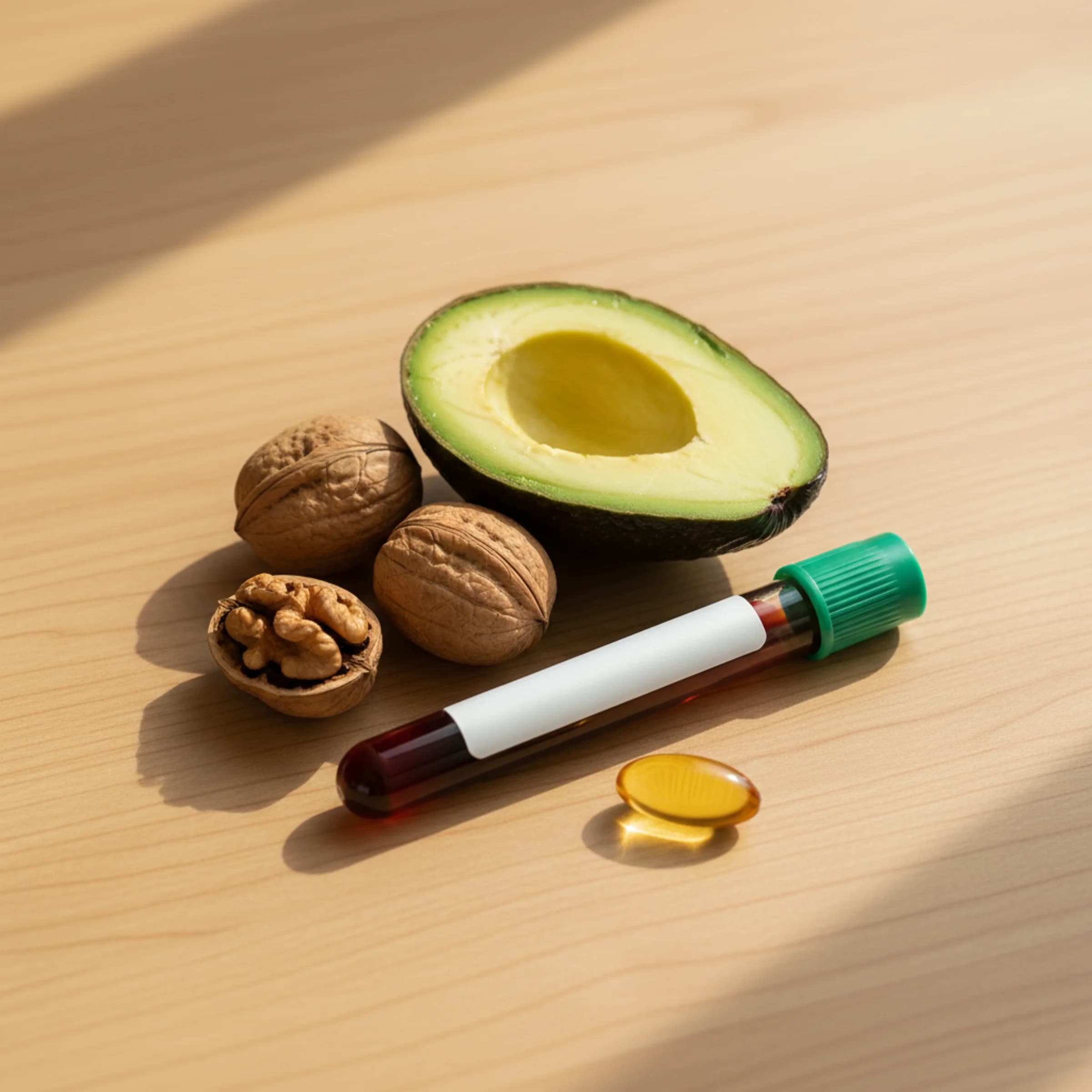 Perfil de ácidos grasos Omega 3, 6 y 9: tubo de extracción con tapa verde sobre madera clara junto a media palta, dos nueces y una cápsula dorada de aceite de pescado.
