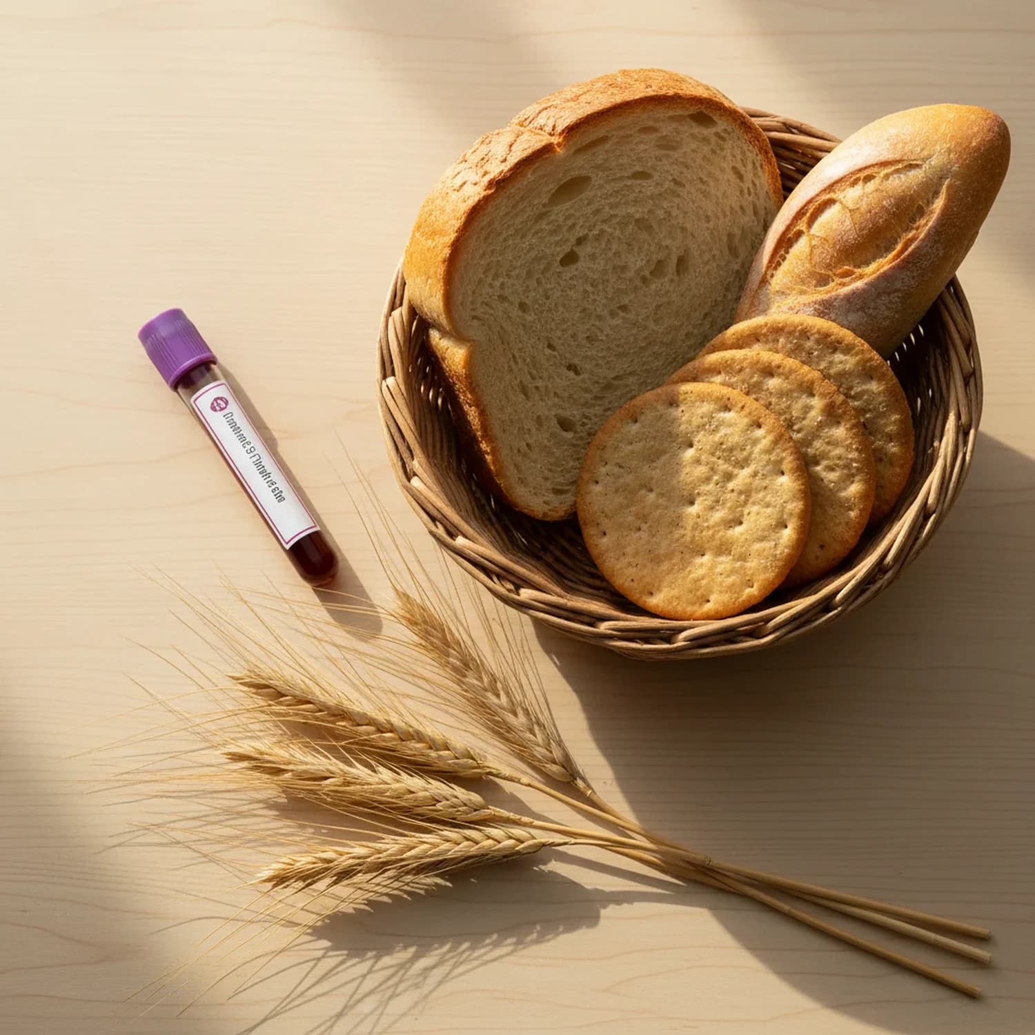 Perfil celiaquía bioquímico: tubo de extracción de sangre junto a panes de trigo y espigas de trigo, sobre mesa de madera clara.