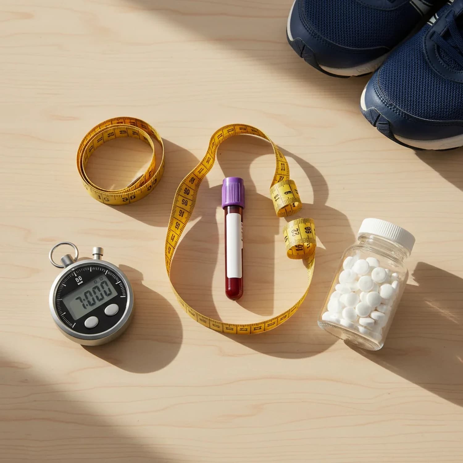 Perfil deportista de Laboratorio Aclimu: tubo de extracción de sangre junto a cinta métrica, cronómetro deportivo, frasco de vitaminas y zapatillas de running.