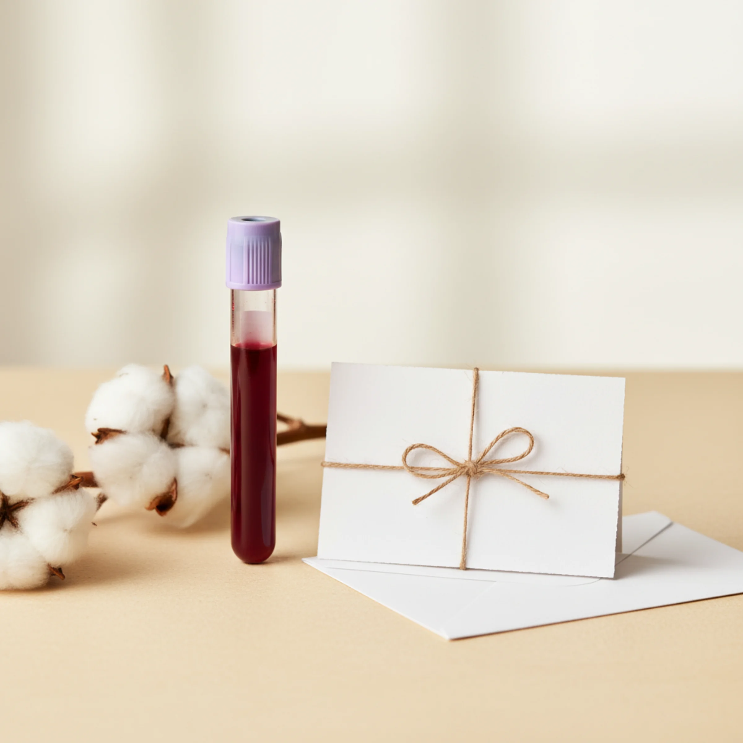 Sexado fetal en sangre materna desde la semana 9: tubo de extracción con tapa lavanda junto a una tarjeta sobre y rama seca de algodón, fondo crema cálido.
