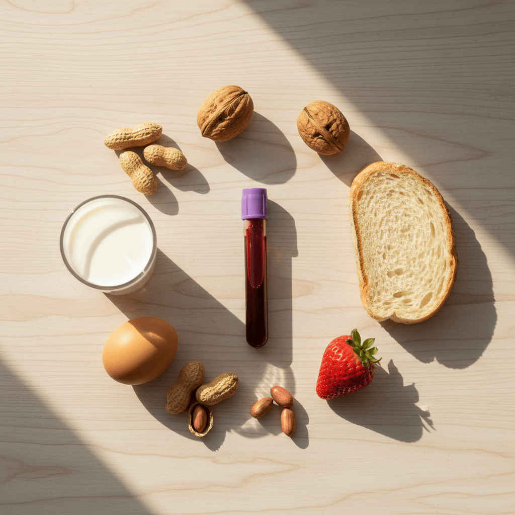 Test de alergia IgE Alimentos: tubo de extracción de sangre junto a alérgenos alimentarios representativos (leche, huevo, frutos secos, frutilla, pan).
