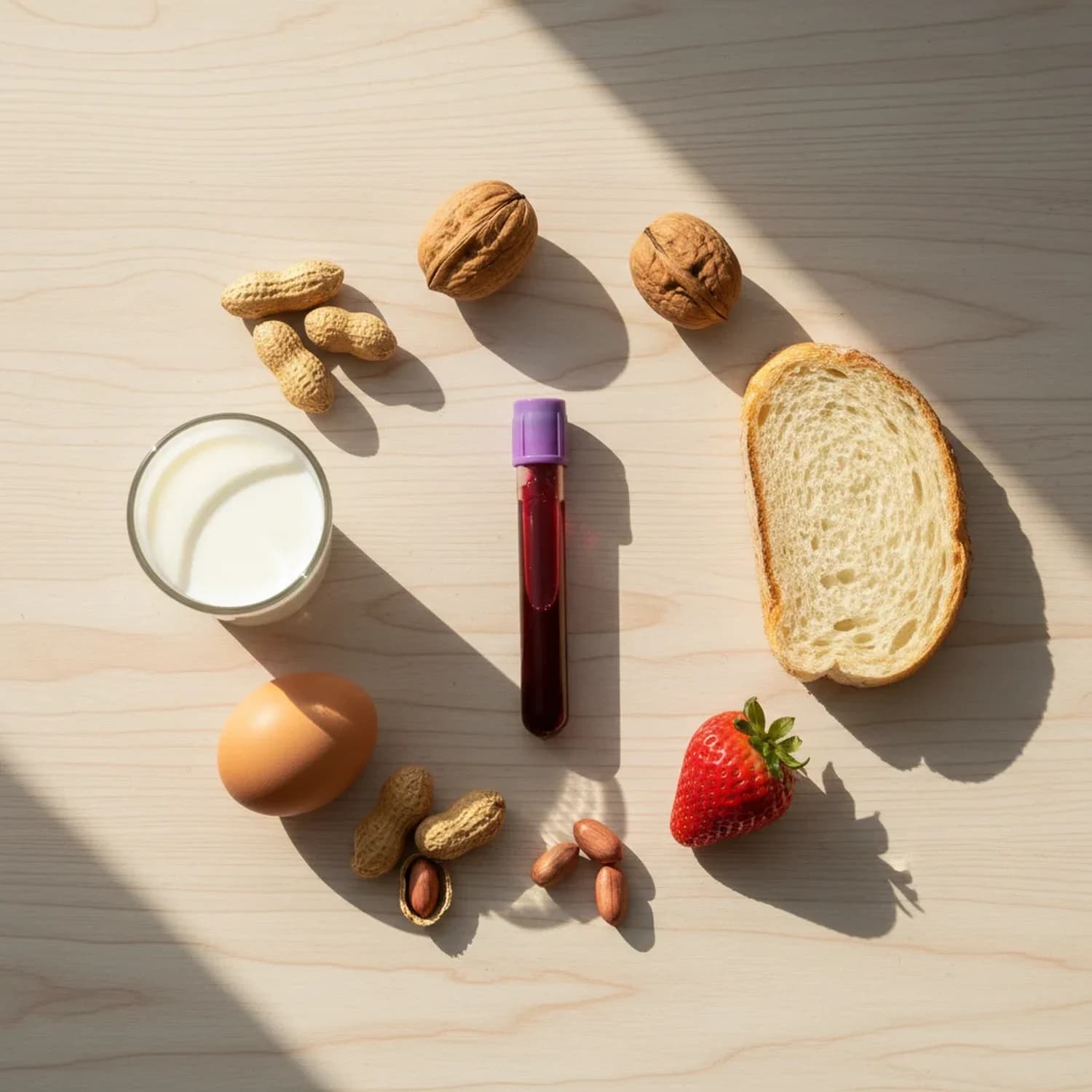 Test de alergia IgE Alimentos: tubo de extracción de sangre junto a alérgenos alimentarios representativos (leche, huevo, frutos secos, frutilla, pan).