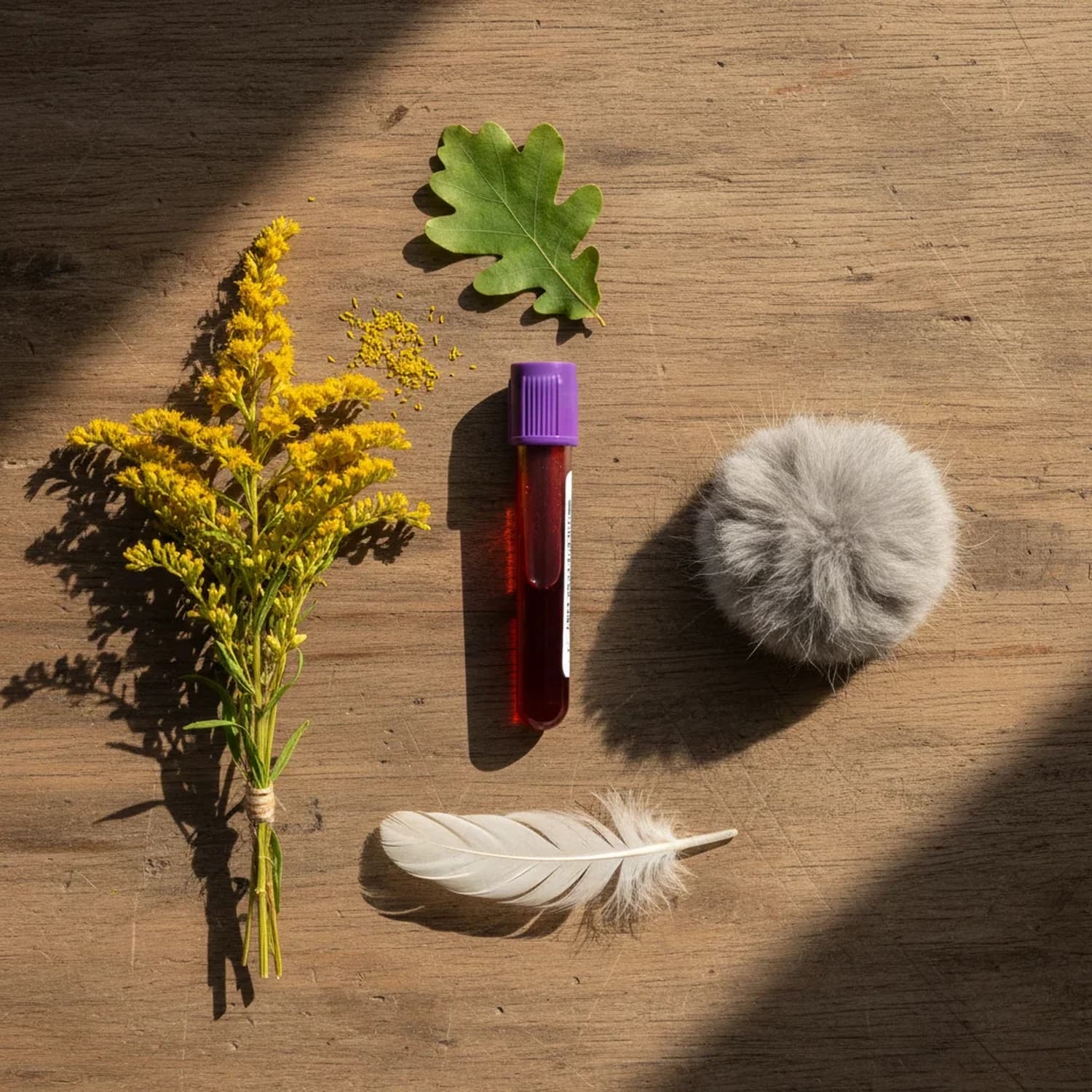 Test de alergia IgE Inhalantes: tubo de extracción de sangre junto a alérgenos representativos (pólenes, plumas, pelo de gato y hojas).