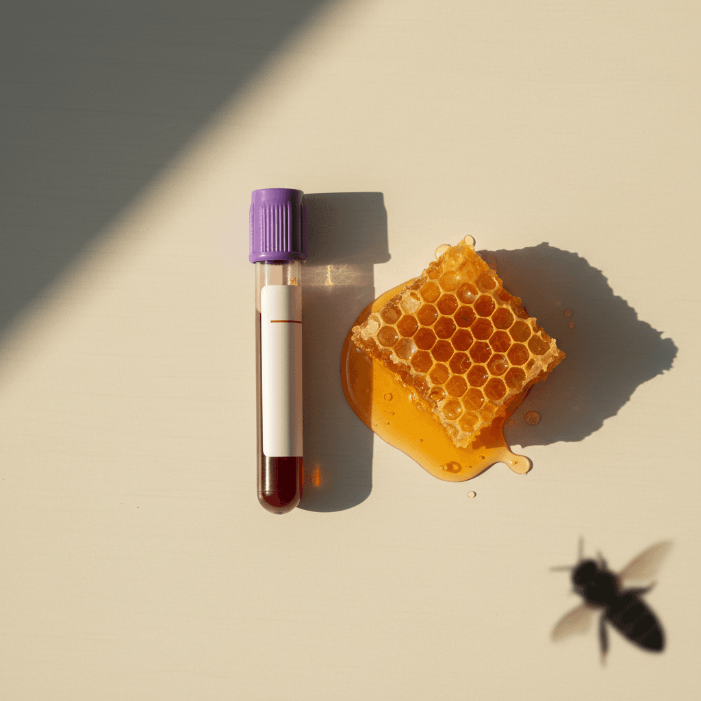 Test de alergia IgE Insectos: tubo de extracción de sangre junto a un panal con miel — para detectar sensibilización a veneno de abeja, avispa o mosquito.