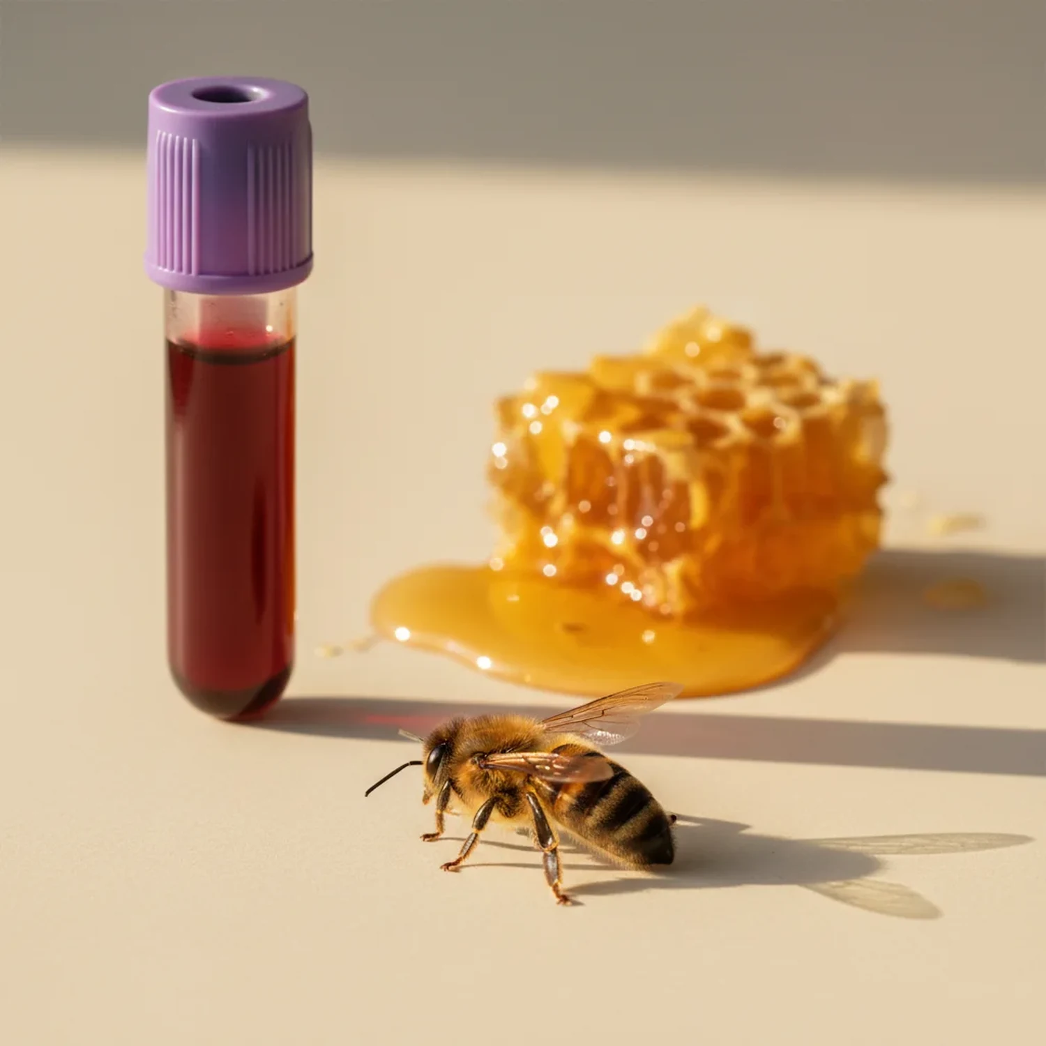 Test de alergia IgE Insectos: tubo de extracción de sangre junto a un panal con miel y una abeja con rayas amarillas y negras visibles — para detectar sensibilización a veneno de abeja, avispa o mosquito.
