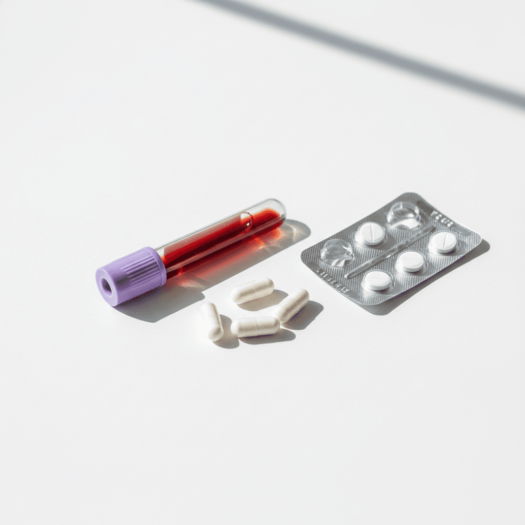 Test de alergia IgE Medicamentos: tubo de extracción de sangre junto a cápsulas y blíster de antibióticos — para evaluar sensibilización a penicilina y derivados.