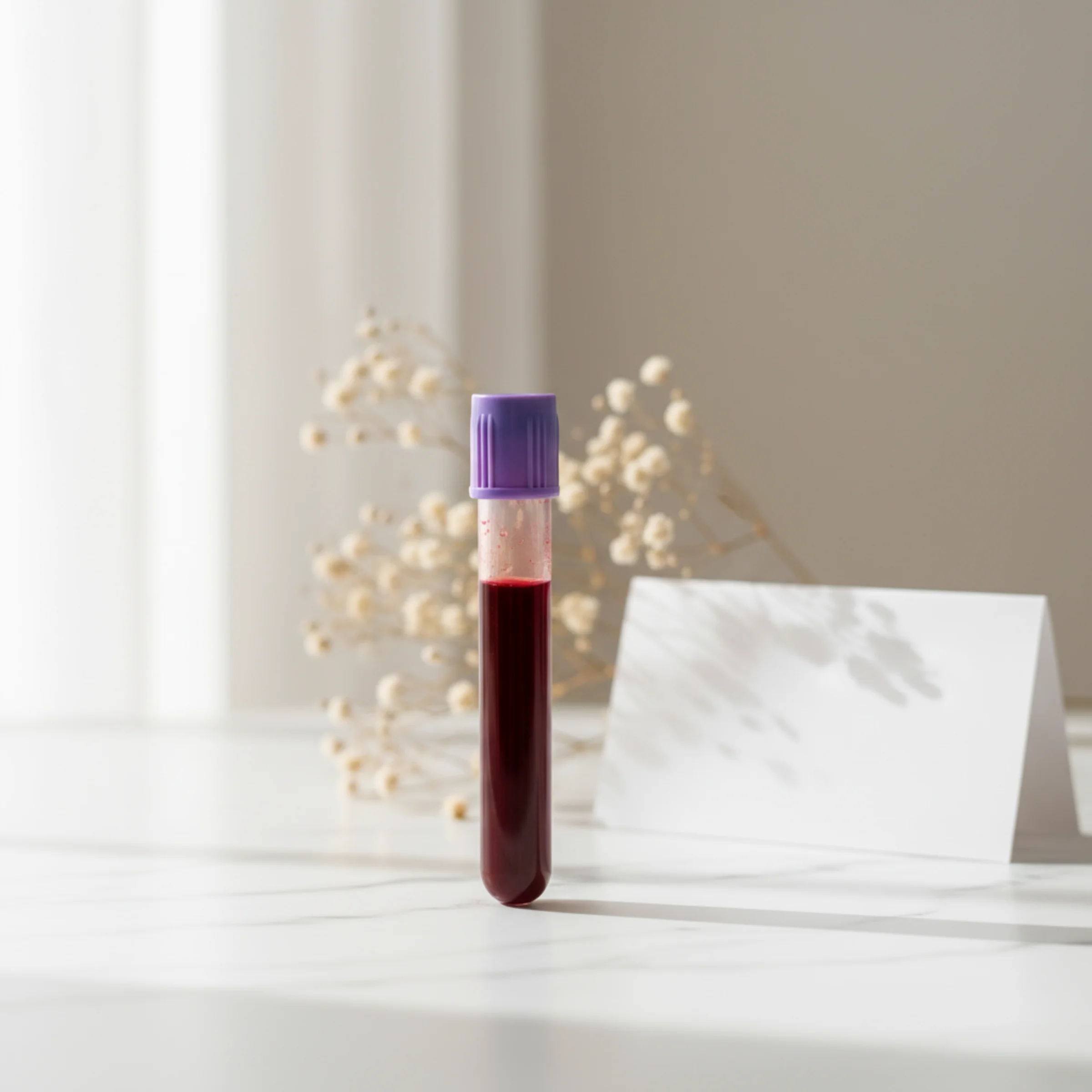Test de embarazo en sangre cualitativo β-hCG: tubo de extracción con tapa violeta en pie sobre mármol blanco junto a una rama seca de paniculata.