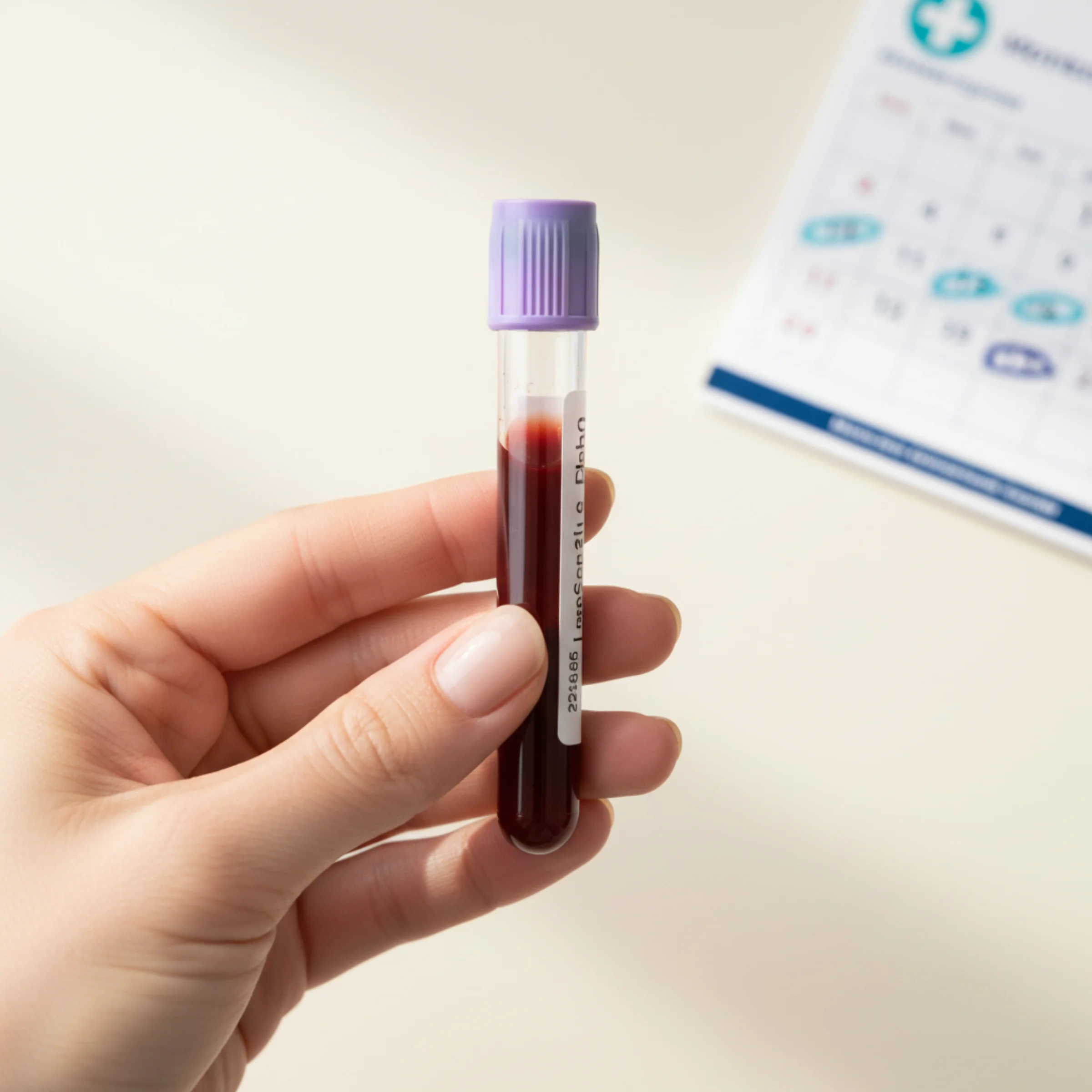 Test de embarazo en sangre cuantitativo β-hCG: tubo de extracción con tapa violeta sostenido sobre fondo crema con un calendario médico tenue.