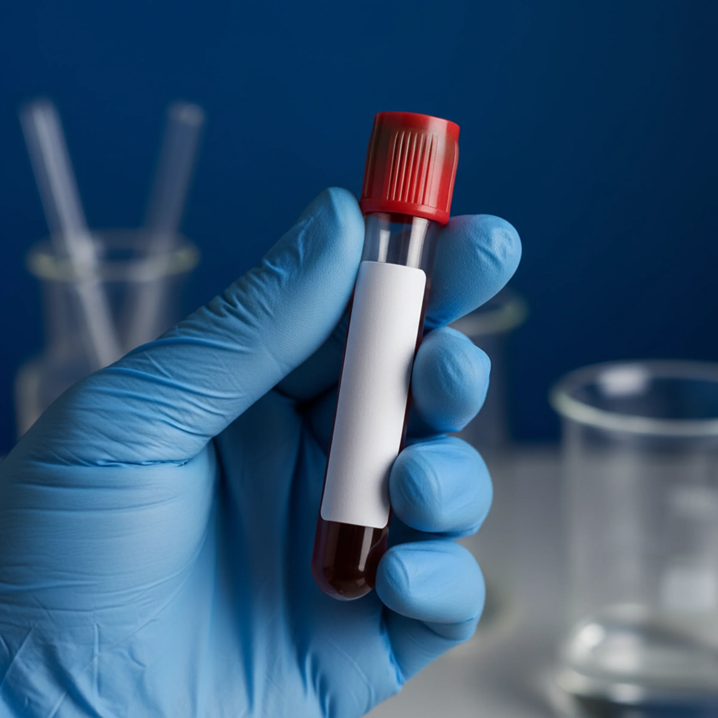 Test de HIV en sangre de 4ª generación: tubo de extracción con tapa roja sostenido con guante azul de nitrilo sobre fondo de laboratorio.